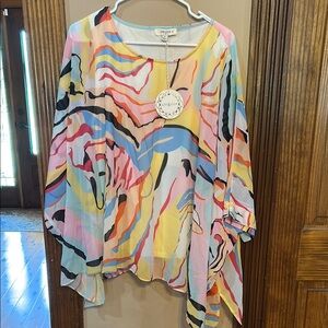 Umgee Red and Pink Asymmetrical Long Sleeve Blouse